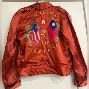 Vintage Embroidered Red Orange Souvenir Jacket With Dragons- Peiping China